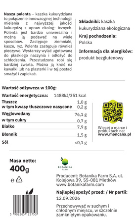 Polenta, bezglutenowa kaszka kukurydziana dla dzieci i dorosłych, EKOlogiczna 400g