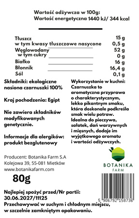 Nasiona czarnuszki EKO 80g